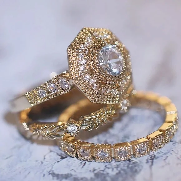 New 3pc/set Yellow Gold Plated Diamond Ring - Picture 2 of 5